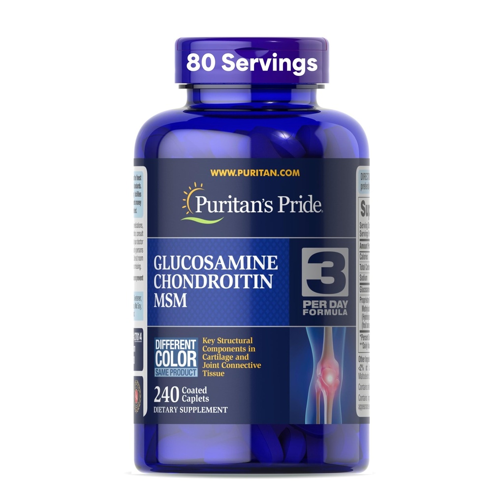 Puritans Pride Glucosamine Chondroitin MSM Kosttilskud til fælles sundhed, 240 overtrukne tabletter (Emballage kan variere)