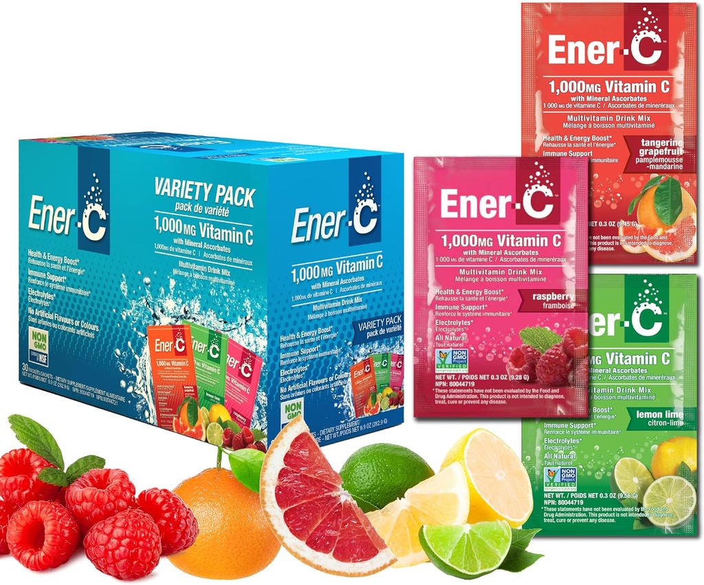 Ener-C Variety Pack Multivitamin Drink Mix Powder Vitamin C 1000mg & Electrolytes with Real Fruit Juice Natural Energy & Immune Support for Women & Men - Non-GMO Vegan & Gluten Free - 30 Count