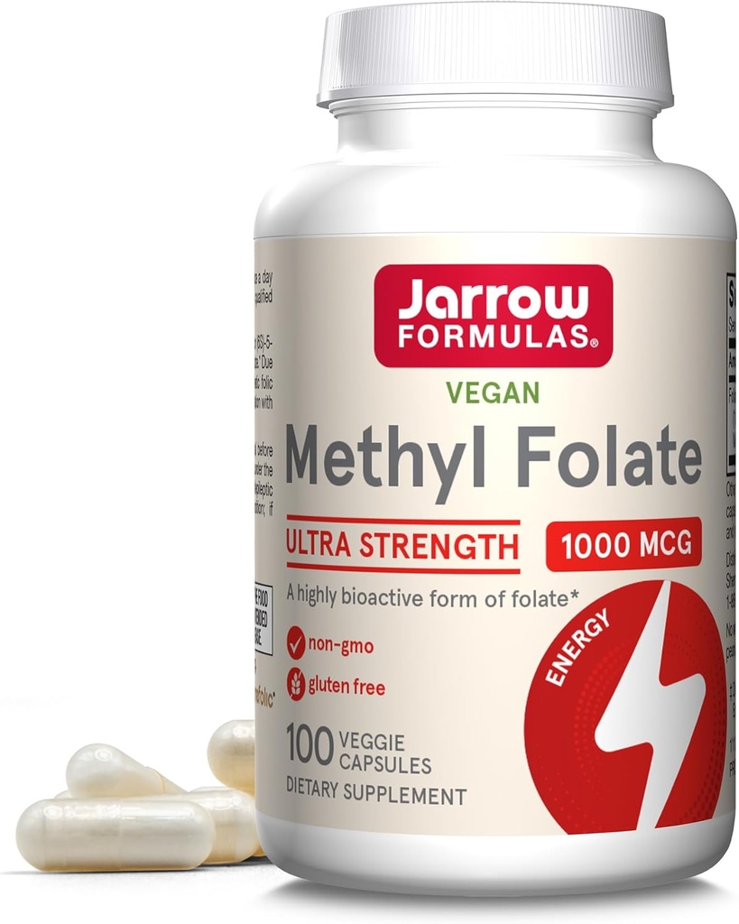 Jarrow Formulas Methyl Folate 1000 mcg - 100 Veggie Caps - Meget biologisk aktiv form for folat - 4. Generation Folinsyre teknologi - 100 Servere