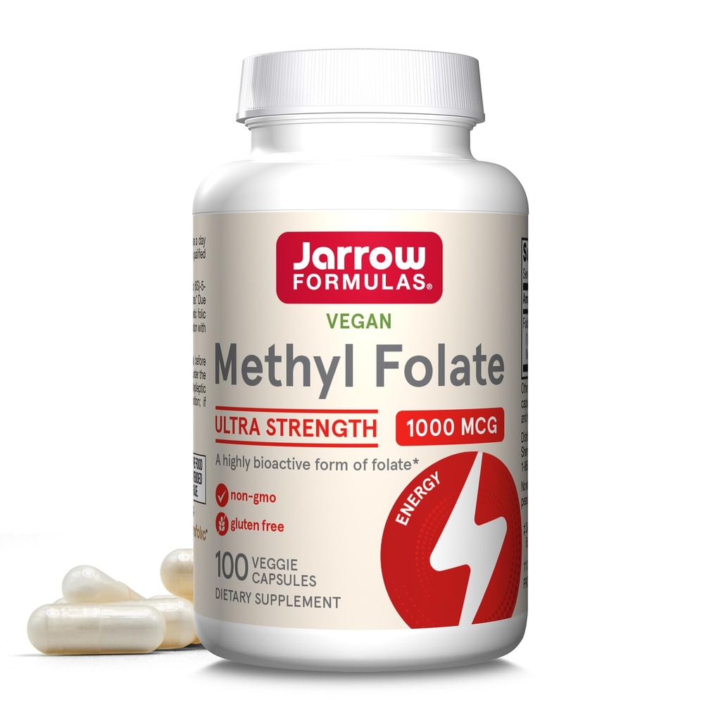 Jarrow Formulas Methyl Folate 1000 mcg - 100 Veggie Caps - Meget biologisk aktiv form for folat - 4. Generation Folinsyre teknologi - 100 Servere