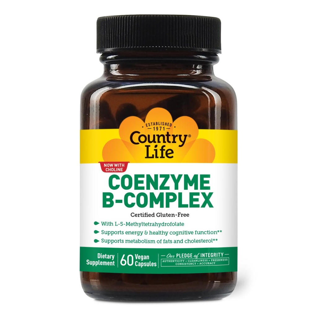 Country Life Coenzym B- Complex, 60 kapsler - Understøtter energi & Metabolisme, Mood & Kognitiv funktion - Vegan, Gluten- Free, Biotilgængelige B vitaminer med choline