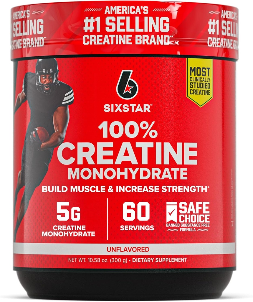 Six Star 100% Creatinine Monohydrat Powder - Unflavored Mikronized Creatinine Monohydrat Supplement for workout Performance, Muscle Building & Strength - Creatinine Powder for kvinder & mænd - 60 Servering