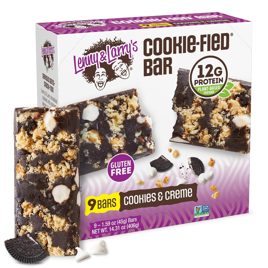 Lenny & Larrys Cookiefied Protein Bar - Cookies & Creme Vegan Protein Bars 9x45g - Sunde snacks med 12g Plant Protein & 5g Fiber - Gluten gratis Power Bar, Keto Friendly, Non- GMO & Vegan