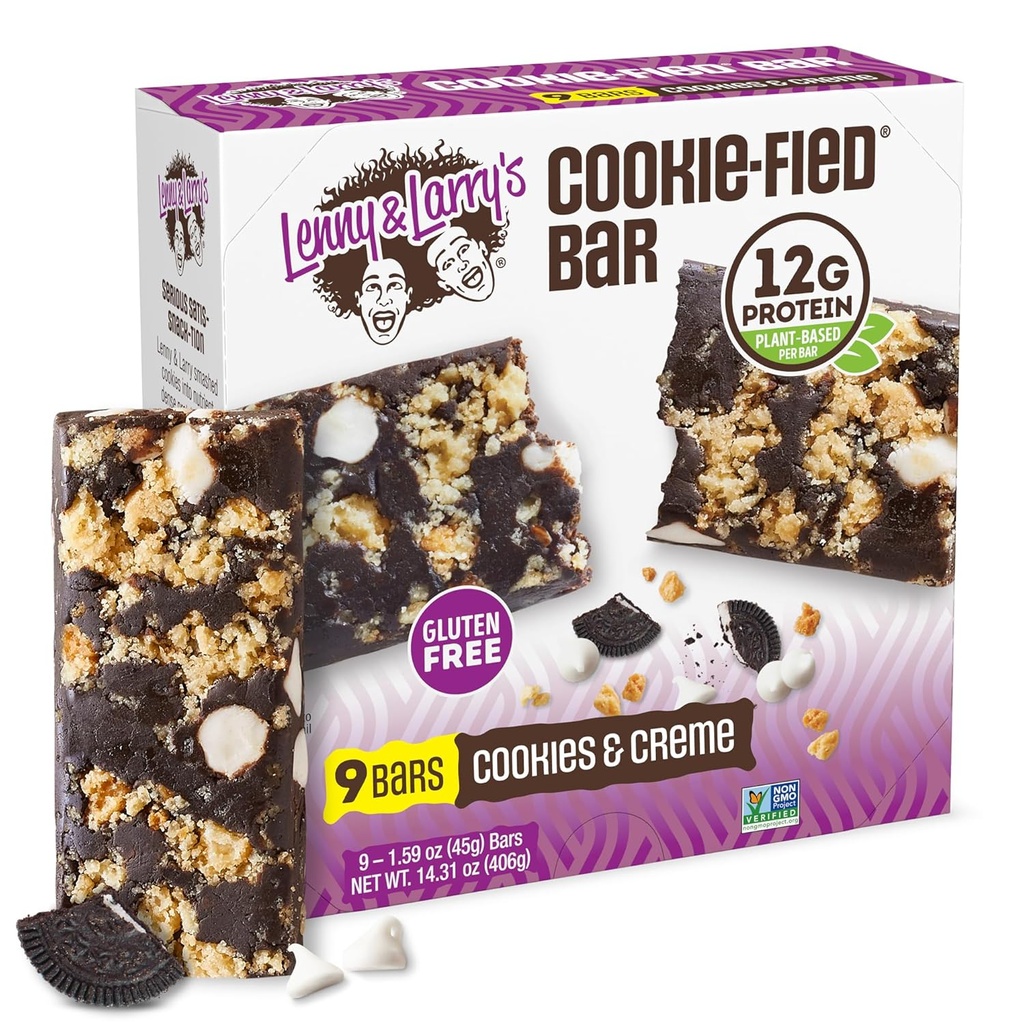 Lenny & Larrys Cookiefied Protein Bar - Cookies & Creme Vegan Protein Bars 9x45g - Sunde snacks med 12g Plant Protein & 5g Fiber - Gluten gratis Power Bar, Keto Friendly, Non- GMO & Vegan