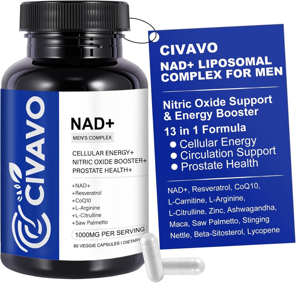 NAD + Supplement for mænd 1000mg, NAD + med Resveratrol, CoQ10, L- Citrullin & Maca Root - Cellular Energy, sund aldring support, antioxidant, nitrogenoxid prostata sundhed for mænd - 60 kapsler