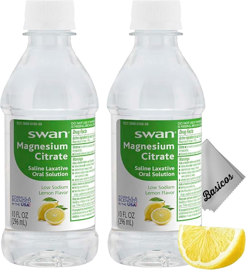 BASICOS 2Pack Swan Lemon Magnesium Citrat Oral opløsning 10 oz- Laxative supplement til Forstoppelse Relief, Regularitet - Bonus Microfiber Cloth