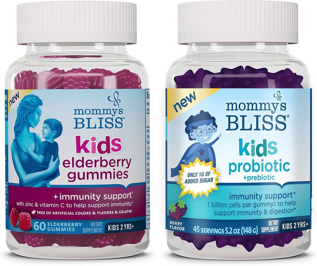 Mors Bliss Kids Elderberry Gummies 60 Greve (pakke med 1), og Kids Probiotiske + Prebiotiske Gummies 45 Greve (pakke med 1), Support Kids Immunitet og sund fordøjelse