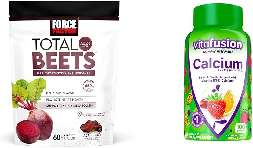 Kraftfaktor Total Beets Chews for Heart Health med vitafusion Calcium gummier for ben & tænder Support, 60 & 100 Greve