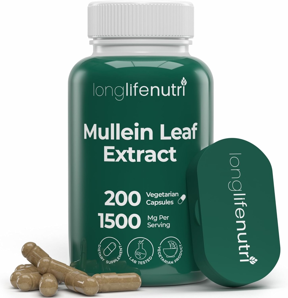 LongLifeNutri Mullein Leaf 1500mg 10: 1 Uddrag - 200 Vegetariske Kapsler, fra Organic Mullein Leaf Powder, Urtetilskud til Respiratoriske Care, 2-måned Supply, Non- GMO, GMP Certified, Made in USA