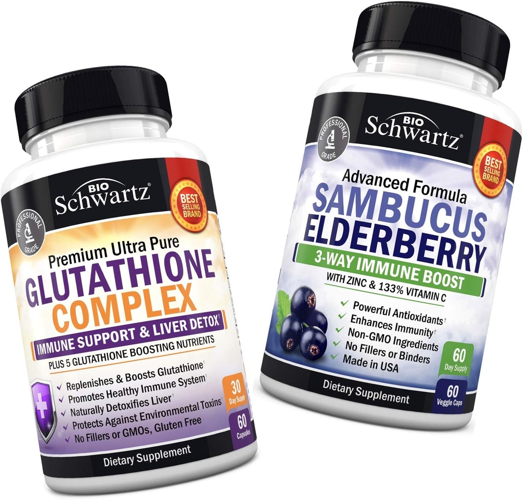 Glutathione Complex med mælk Thistle Extract, C-vitamin & Quercetin + Sambucus Elderberry kapsler med zink & C-vitamin - naturlige antioxidant formler - fremmer lever og immunforsvar