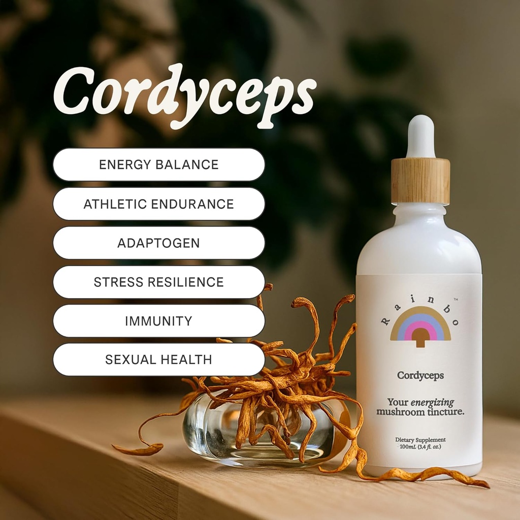 Rainbo - Cordyceps Mushroom Tincture - Dual Extract Mushroom Supplement - Immune Support, Energy, Liquid Cordyceps Supplement, Vegan, Non GMO, 3.4 fl oz