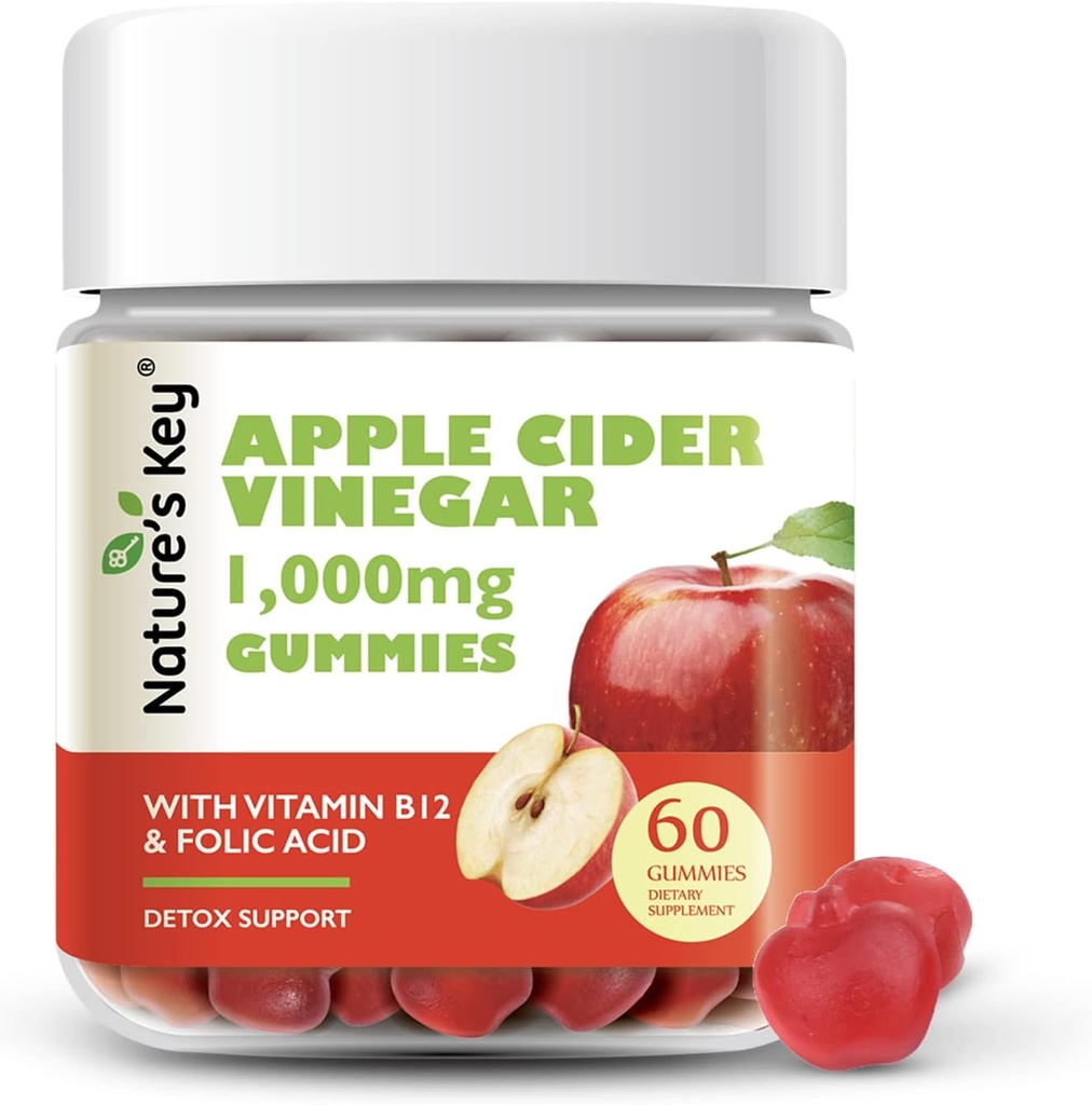 Nature 's Key Apple Cider Vinarea Gummies -1000mg 60 Greve, for vægttab, fordøjelse, naturlige Detox & Cleanse Downloader 124; Vegan, Non- GMO, Gluten Free Downloader 124; med folinsyre Vitamin B6 B12 Rødbeder Pomegranat