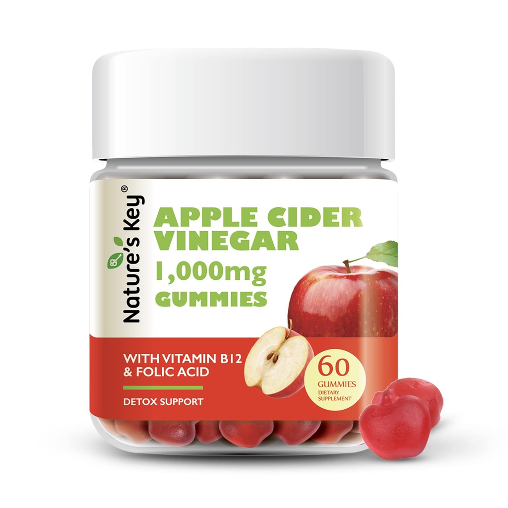 Nature 's Key Apple Cider Vinarea Gummies -1000mg 60 Greve, for vægttab, fordøjelse, naturlige Detox & Cleanse Downloader 124; Vegan, Non- GMO, Gluten Free Downloader 124; med folinsyre Vitamin B6 B12 Rødbeder Pomegranat