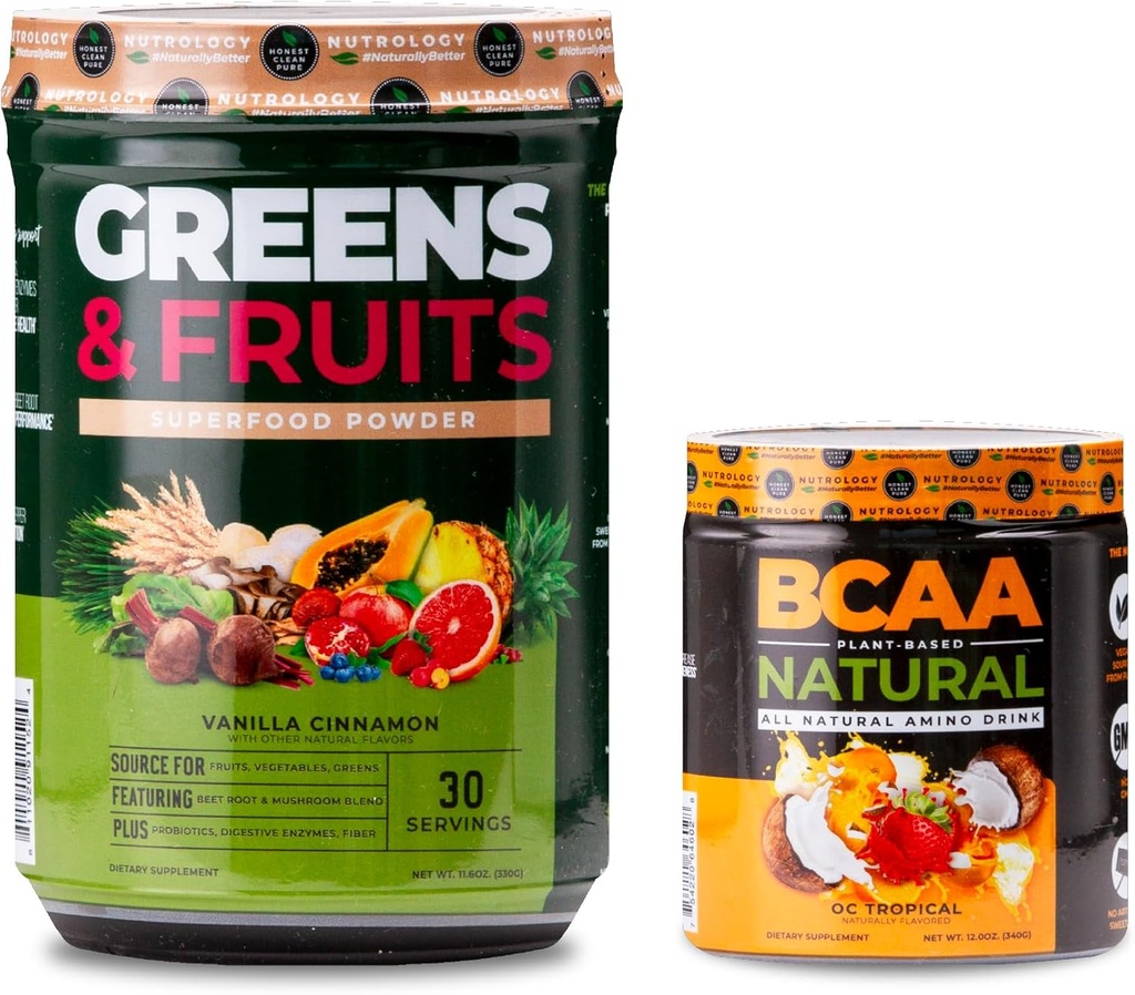 Nutrologi Grønne & Frugter Powder- Naturlig Sourced Superfood, Vanilla kanel (30 Servere) BCAA Natural, Plant Based BCAA Powder, Orange Coconut Flavor (30 Servere)