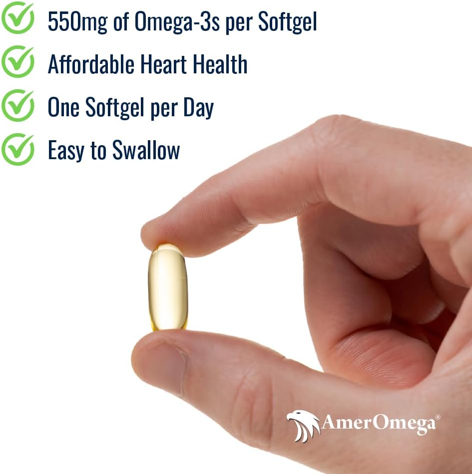 AmerOmega Triglycerid Omega-3 Fish Oil for Heart Health Support - Wild-Fanget Alaska Walleye Pollock - Amerika-Sourced, Amerikanske-Made - Non-GMO, Gluten- Free & Dairy- Free - 60 Softgels