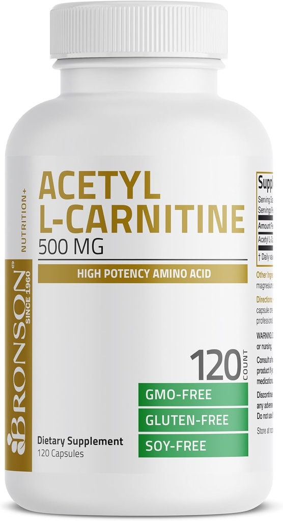 Bronson Acetyl L- Carnitin 500 MG Aminosyre uden GMO, 120 kapsler