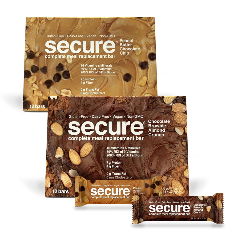 ANDREW LESSMAN Secure Complete Meal Erstatning Bars - 7g Vegan Protein Bars. Inulin Fiber. Low Calorie, Gluten og Dairy- Free 24, Variety Pack: Chocolate Brownie og Peanut Butter Chocolate Chip)