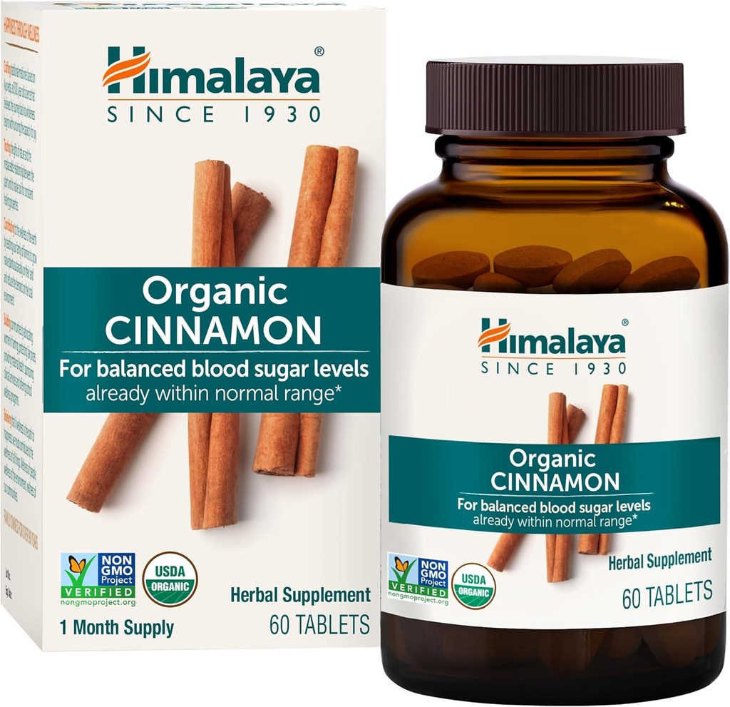 Himalaya Organic Cinnamon, 30 dages forsyning - Urte Glucose Metabolisme Support - USDA Organic, Non- GMO, Vegan, Gluten Free, 1100 mg, 60 tabletter