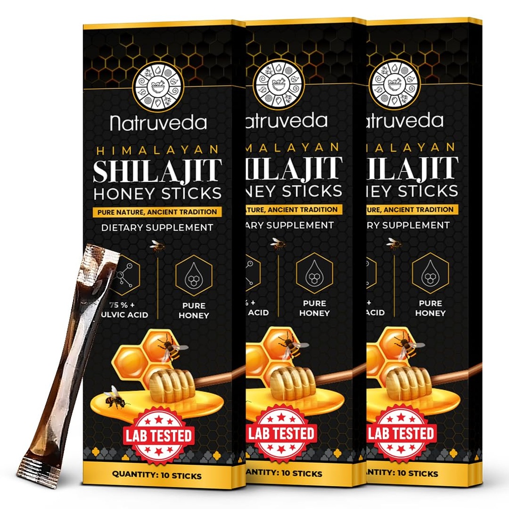 Himalayan Shilajit Honey Sticks for Mænd & Kvinder - 75% + Fulvic Acid & Trace Minerals - Raw Honey, Saffron & Himalayan Shilajit Resin - Stamina, Performance & Energy Support - (pakke af 30)