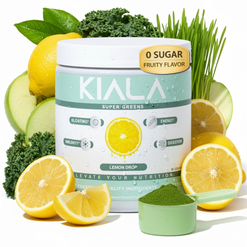 Kiala Nutrition Super Green, Organic Green Pulver med Spirulina & Chlorella til fordøjelse, Gut Sundhed, Immunitet, Energi, Gluten Free, Vegan, Sukker Free, Spectra Blend, Lemon Drop, 30 Servere