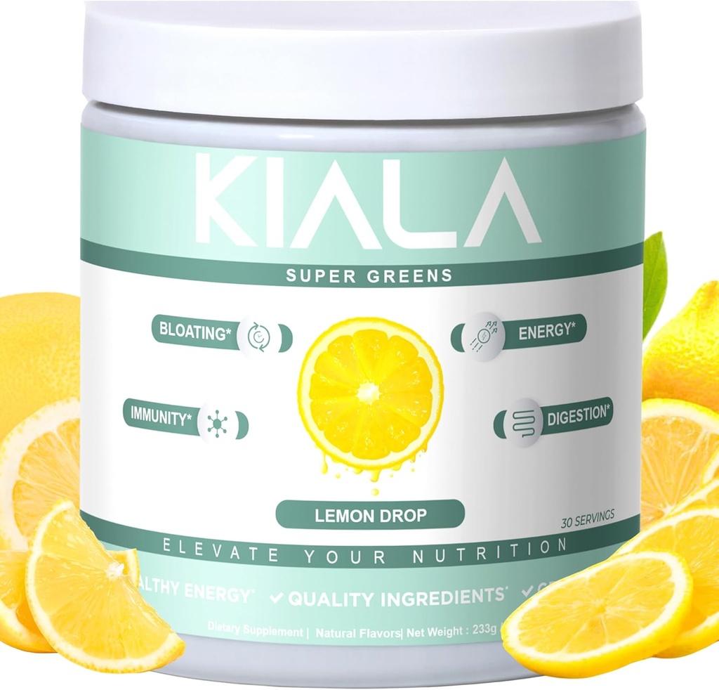 Kiala Nutrition Super Green, Organic Green Pulver med Spirulina & Chlorella til fordøjelse, Gut Sundhed, Immunitet, Energi, Gluten Free, Vegan, Sukker Free, Spectra Blend, Lemon Drop, 30 Servere