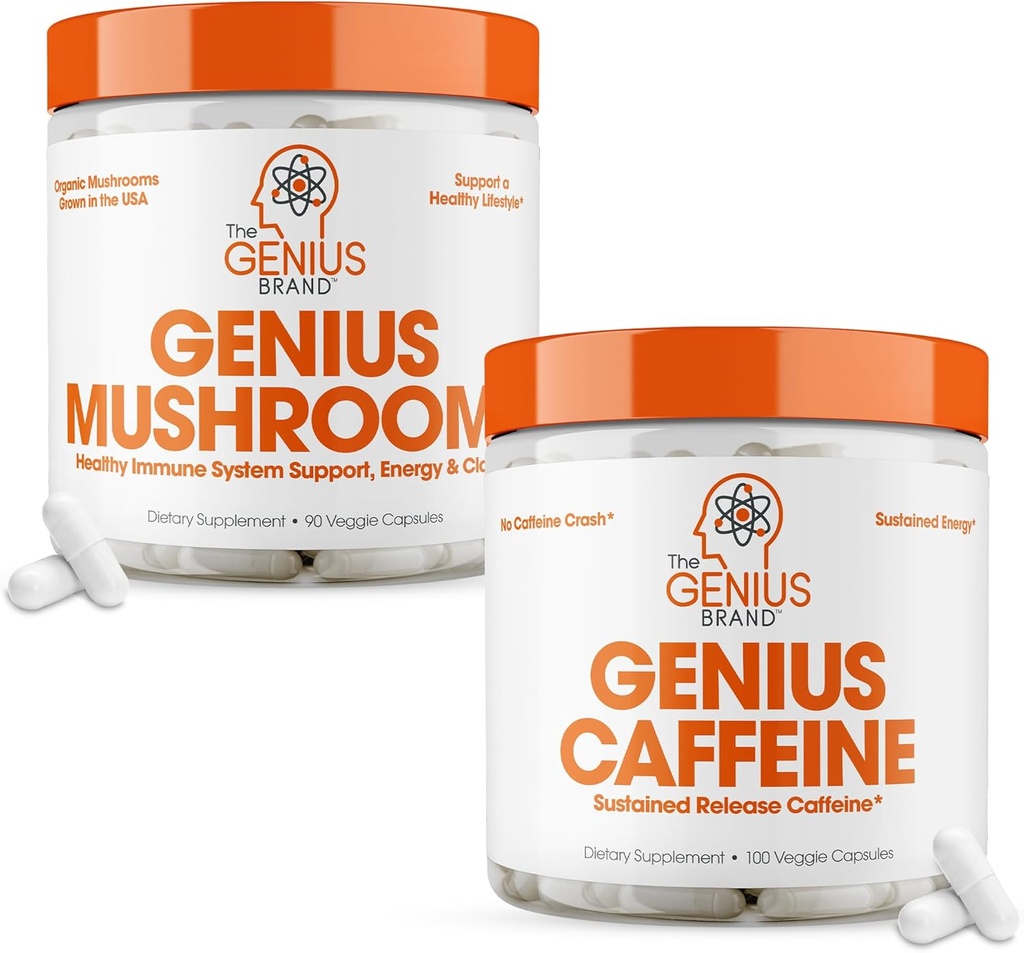 The Genius Brand - Genius Mushroom og Koffein Supplement Bundle - Lions Mane, Reishi og Cordyceps - Vedvarende frigivelse Koffein