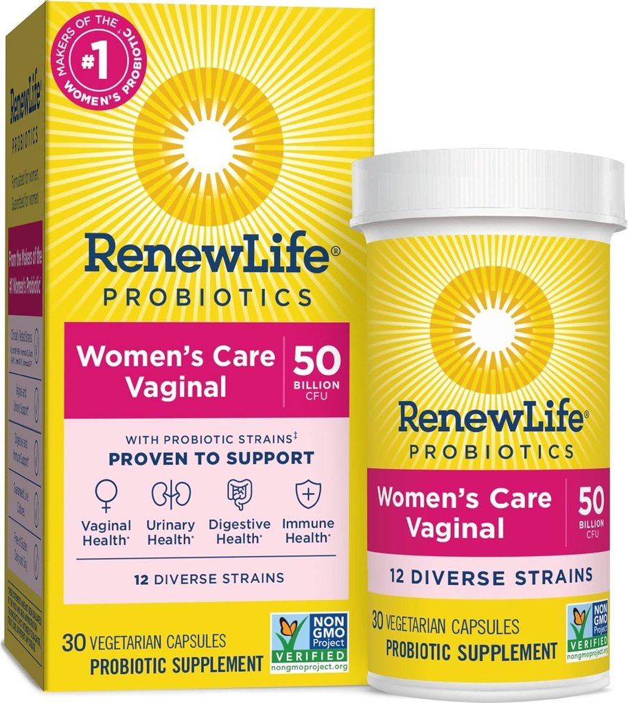 Renew Life Women 's Probiotic Capsules, 50 Millioner CFU Garanteret, Understøtter pH-balance, Vaginal, Urinary, fordøjelses- og immunsundhed (2), L. Rhamnosus GG, Dairy, Soy og Gluten- Free, 30 Greve