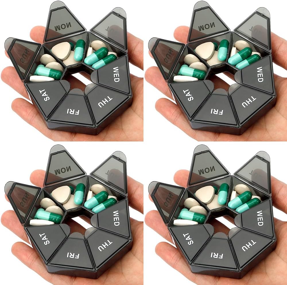 Pill Organizer, Pill Box, Small Pill Case, Medicine Pill Organizer 1 Time a Day, Weekly Pill Organizer, Pill Container, Pill Holder, Daily Pill Organizer Travel Pill Organizer 7 Day (4pcs Black)