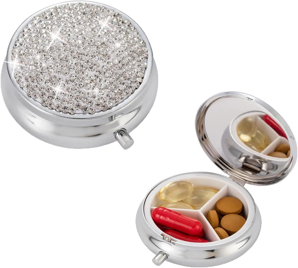 Bling Pill Box, 3 Compartment Medicine Pill Case Holder, Bling Crystal Rhinestones Waterproof Pocket Pill Case ound Medicine Organizer for Vitamin/Fish Oils/Supplement. (Silver)