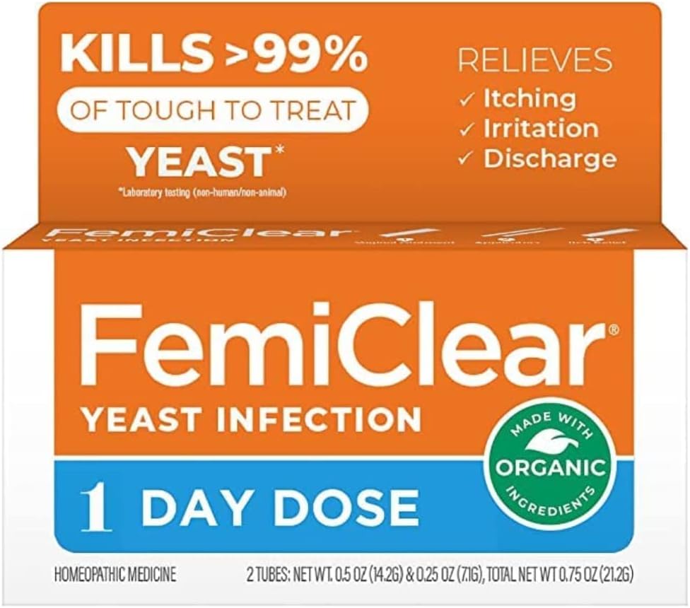 FemiClear 1- dag dosis Gær Infektion ekskl. 124; Gær Infektion Relief > 124; Homøopatisk opløsning til feminin sundhed Gær Infektion Salve, 1 Applicator og 0.5oz Salve
