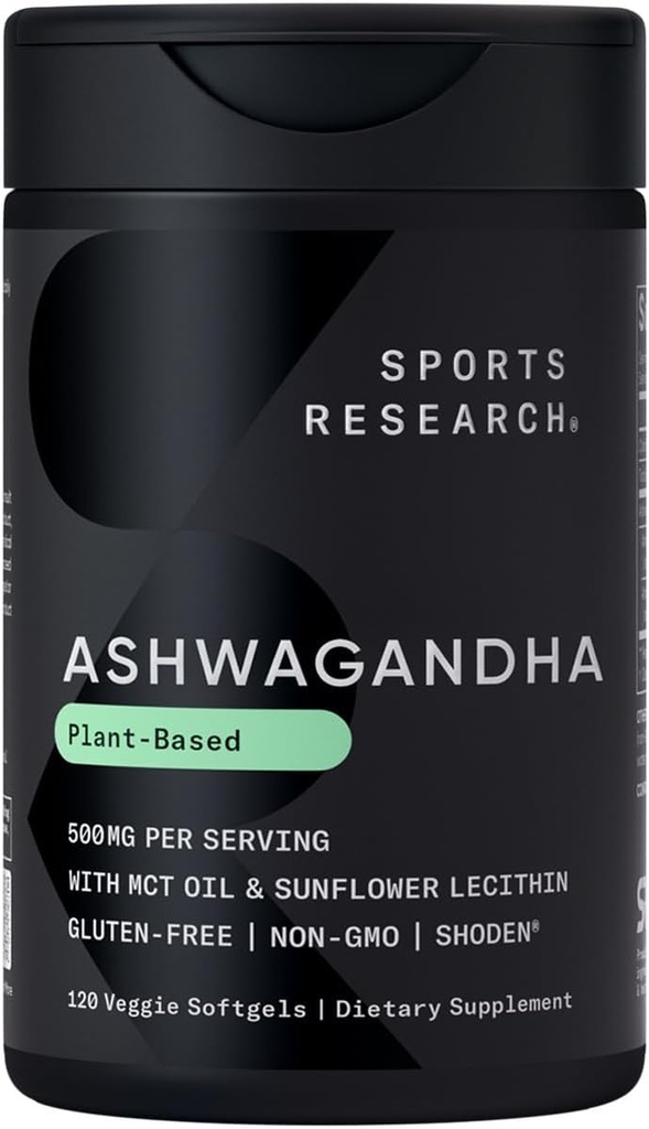 Sports Research ® Ashwagandha Softgels med kokos MCT Oil - Natural Ayurvedic Adaptogen Lavet med Shoden ® Ashwa til afslapning, rolig & søvn support - Gluten Free & Vegan Friendly - 120 Greve