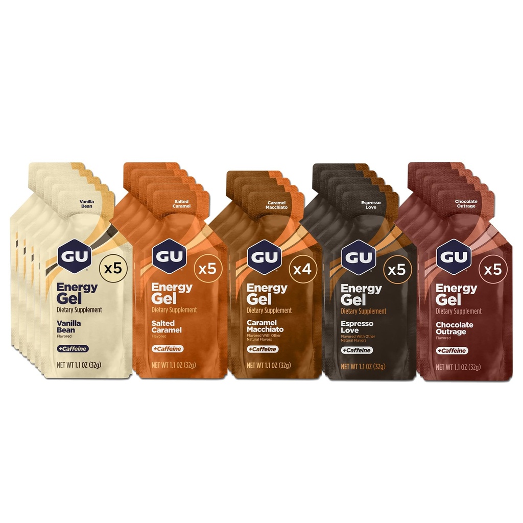 GU Energi Original Sports Nutrition Energy Gel, Vegan, Gluten- Free, Kosher, og Dairy- Gratis On- the- Go Energy for enhver træning, 24-greve, Assorted Indulgent Articles
