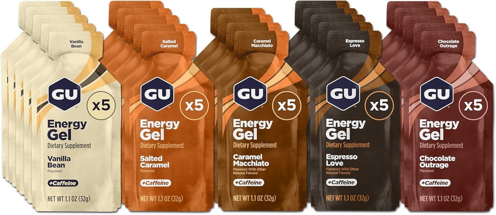 GU Energy Original Sports Nutrition Energy Gel, Vegan, Gluten-Free, Kosher, and Dairy-Free On-the-Go Energy for Any Workout, 24-Count, Assorted Indulgent Flavors