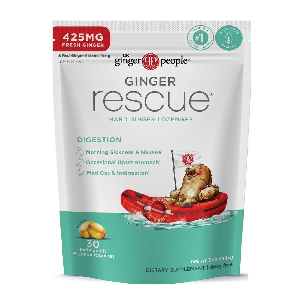 Ginger People Ginger Rescue fordøjelsesbesvær Wellness Lozenges (Hard) - 124; Regelmæssig styrke - 425mg - 124; Morgenkvalme, Kvalme, Opsat Mave, Mild Gas & Forstoppelse, 30 Greve (Pack of 1)