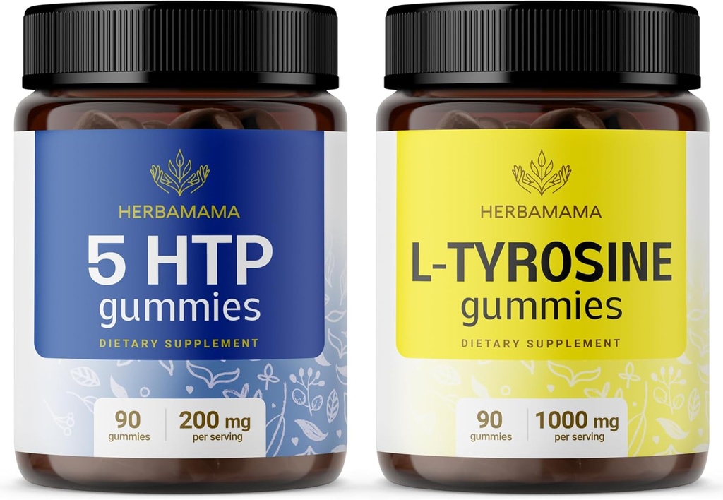 HERBAMAMA L- Tyrosin and Brain Support Kit - Bundle of 200 mg 5- HTP & 1000 mg L- Tyrosine Gummies - Vegan, Non- GMO, Gelatin- Free - 2 Pack