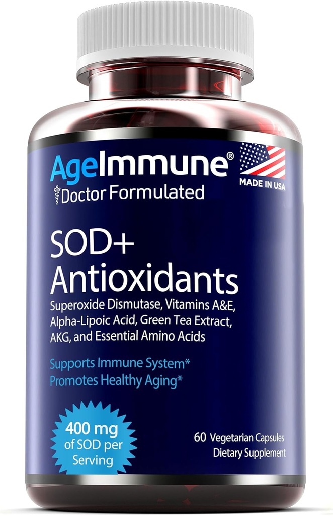 Antioxidanter Complex Sund Aging Supplement - 400mg Superoxid Dismutase - Alpha Lipoic Acid - L- Arginin - Lysin - AKG - vitamin A - vitamin E til immunsupport- 60 kapsler