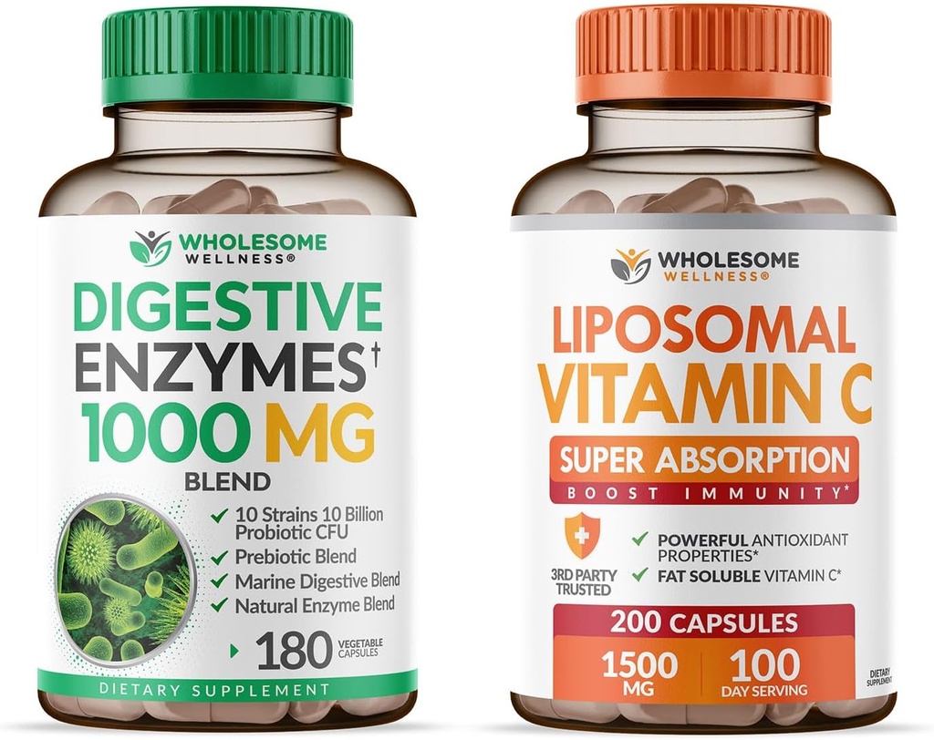 Grossome Wellness Digestive Enzymes 1000MG Plus Prebiotika & Probiotika + Liposomal Vitamin C kapsler (200 piller 1500mg buffer) Bundle