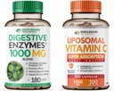 Grossome Wellness Digestive Enzymes 1000MG Plus Prebiotika & Probiotika + Liposomal Vitamin C kapsler (200 piller 1500mg buffer) Bundle