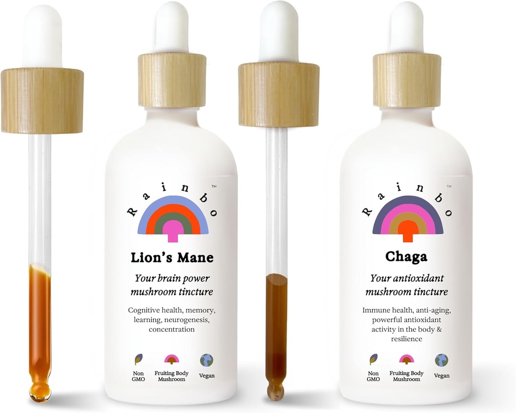 Rainbo Mushroom Bundle, Lions Mane Mushroom Extract + Chaga Mushroom Tincture, Dual Extract Daily Mushroom Tincture for Total immunforsvar, Vegansk flydende Mushroom Kosttilskud