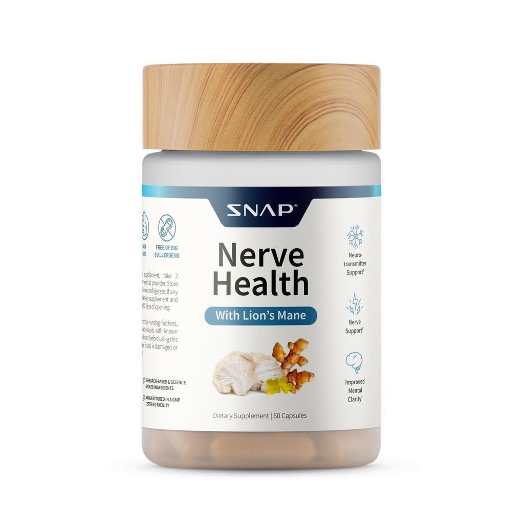 Snap Kosttilskud Nerve Health Support med Lions Mane, Økologisk Gurkemeje & Urter - Understøtter Mental Klarhed, Hukommelse, Focus & Nerve funktion - 60 kapsler