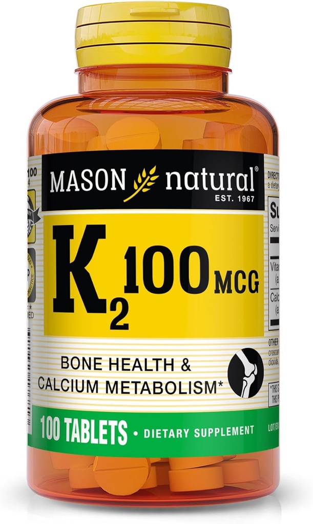 MASON NATURAL Vitamin K2 100 mcg med kalcium, understøtter ben, hjerte og muskel sundhed, 100 tabletter