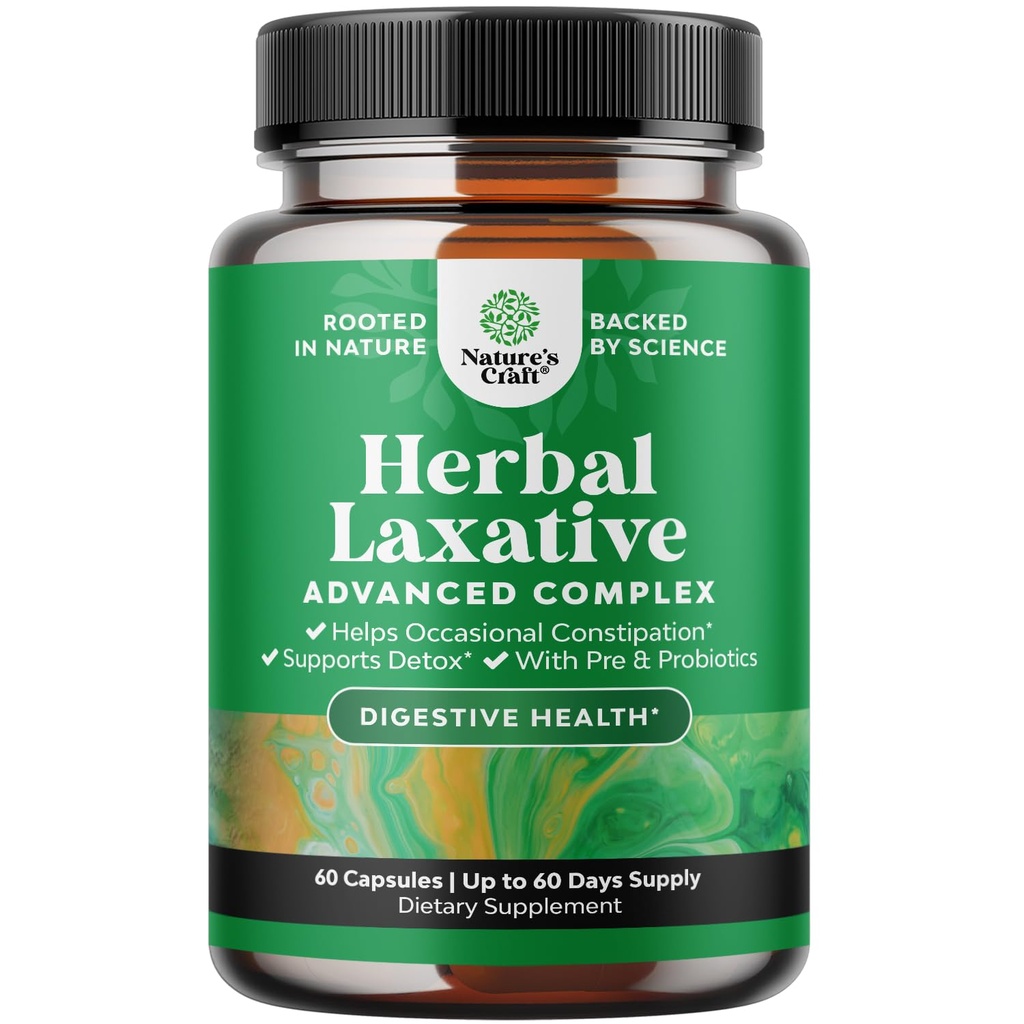 Herbal Laxative Kapsler med Probiotika - Naturlige Laxativer til Forstoppelse med Senna Leaf, Psyllium, Aloe Vera - Colon Cleanse for Kvinder & Mænd - Detox til Gut Health & Weight Management - 60 Ct