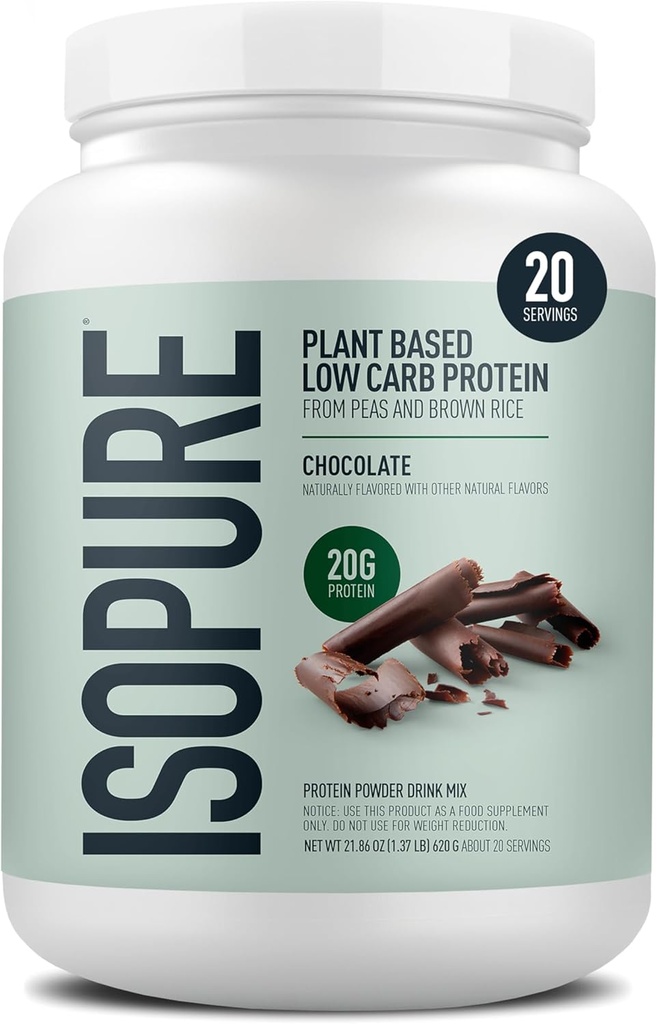 Isopure Plant- baseret protein pulver, Lactose fri, Gluten fri, Med jern, Chokolade, 20g Plant Protein Per Servering, 1,37 Lbs, 20 Servere
