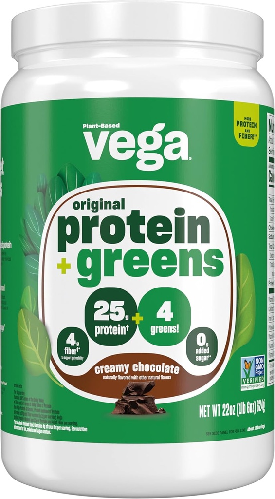 Vega Protein and Greens Protein Powder, Chocolate - 20g Plant Based Protein Plus Veggies, Vegan, Non GMO, Pea Protein for Women and Men, 1.3 lbs