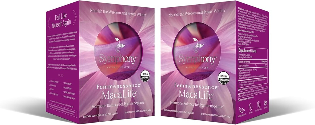 Femmenessens ® MacaLife ® - Klinisk provet perimenopausal supplement til naturlige hormon balance, symptom relief, hjerte & mood support, uden tillæg Hormon (240 kapsler, 120 dages forsyning)