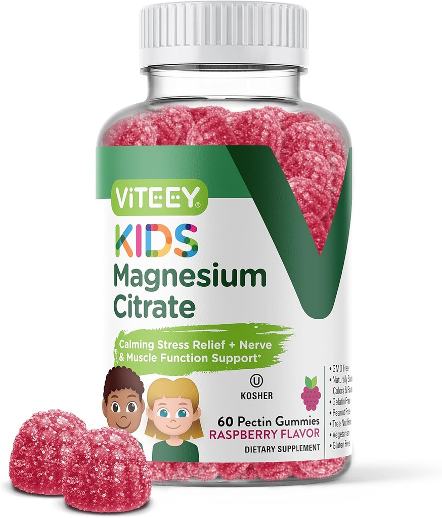 Viteey Kids Magnesium Citrate Gummies - Understøtter Sleep Aid, Rolig Gummies, Muscle Relaxer, Optimal Afslapning - Vegetarisk, Gelatine fri, Gluten fri, GMO fri - Tasty Chewable Raspberry Flavored Gummy