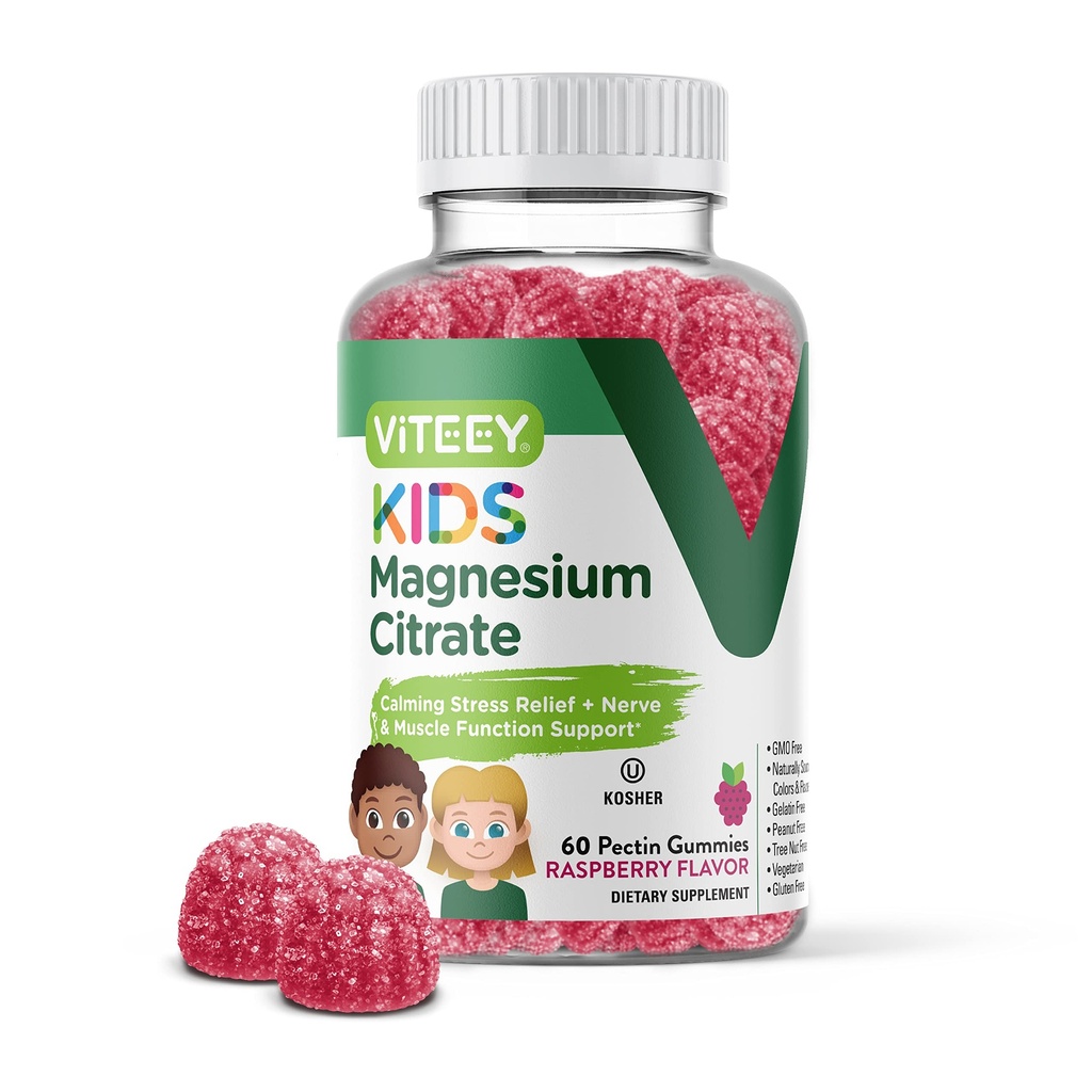 Viteey Kids Magnesium Citrate Gummies - Understøtter Sleep Aid, Rolig Gummies, Muscle Relaxer, Optimal Afslapning - Vegetarisk, Gelatine fri, Gluten fri, GMO fri - Tasty Chewable Raspberry Flavored Gummy