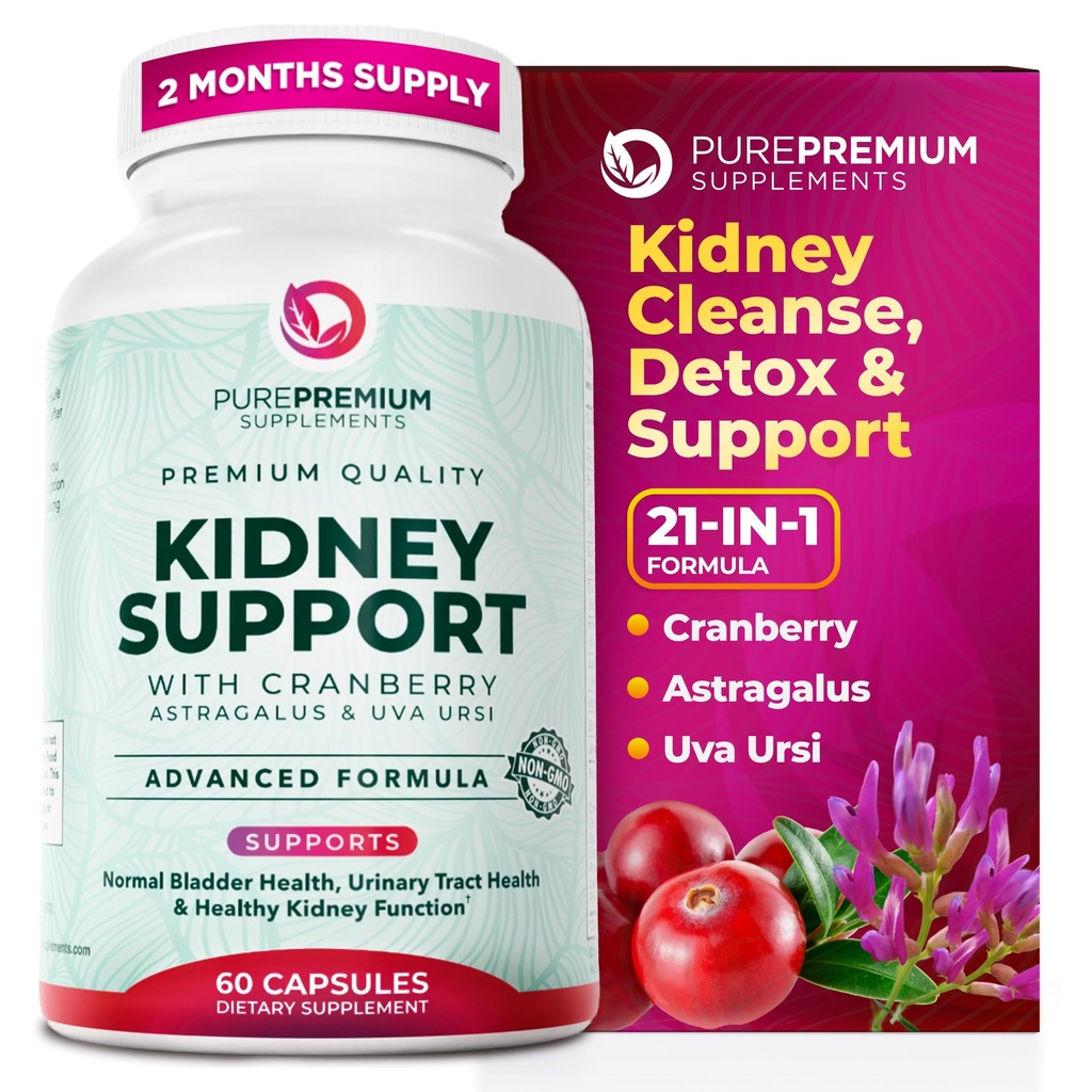 PurePremium Nyre Support Supplement - Nyre Rengøring Detox & Reparation med Cranberry Extract & Astragalus - 21-in-1 Kompleks Understøtter normale Brege, Urinære Tract & Nyrer Sundhed - 60 dages forsyning