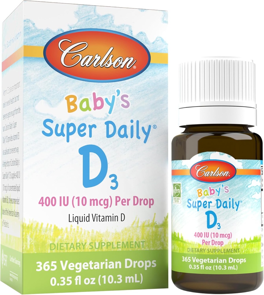 Carlson - Baby 's Super Daily D3, Baby Vitamin D Drops, 400 IE (10 mcg) per drop, 1- Year Supply, Vegetar, flydende D-vitamin til spædbørn og tandlæger, Unflavored, 365 Drops