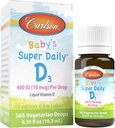 Carlson - Baby 's Super Daily D3, Baby Vitamin D Drops, 400 IE (10 mcg) per drop, 1- Year Supply, Vegetar, flydende D-vitamin til spædbørn og tandlæger, Unflavored, 365 Drops